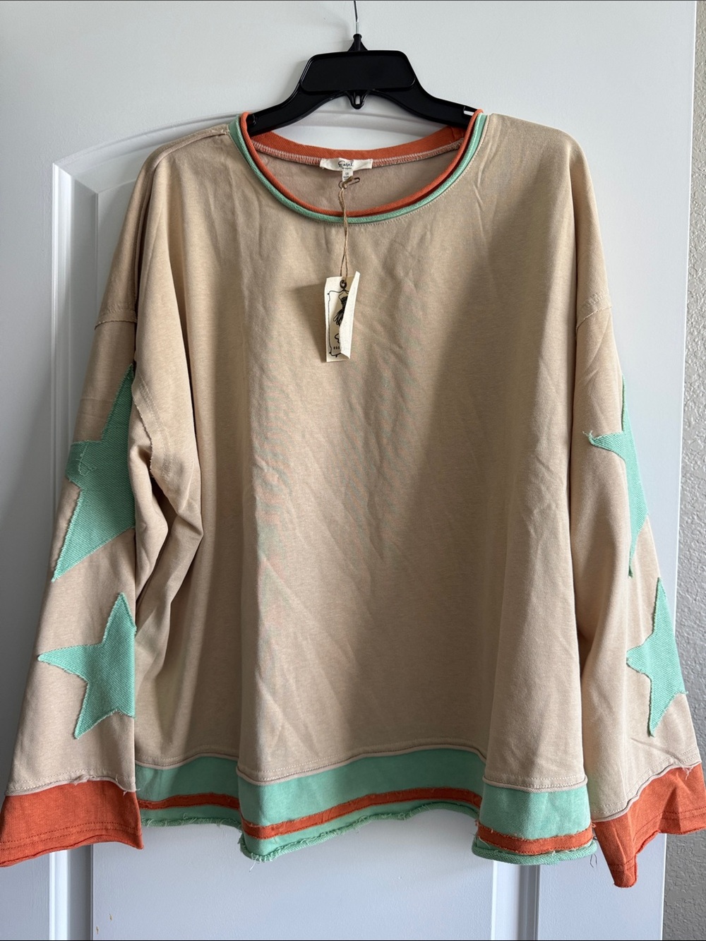 easel Beige Sweatshirt with Mint Stars and Orange Trim